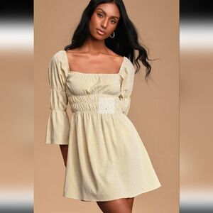 Lulu's Lunch Date Mustard Yellow Gingham Bell Sleeve Mini Dress M Medium